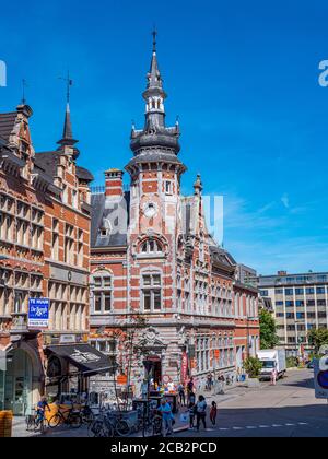 Leuven, Belgium. Circa August 2020. Cityscape of Leuven, Belgium. Beautiful historical buildings, with their famous facades in the old town . Stock Photo