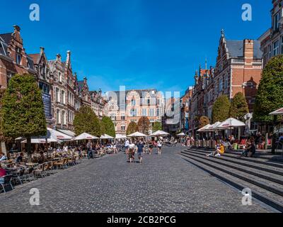 Leuven, Belgium. Circa August 2020. Cityscape of Leuven, Belgium. Beautiful historical buildings, with their famous facades in the old town . Stock Photo