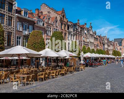 Leuven, Belgium. Circa August 2020. Cityscape of Leuven, Belgium with cityhall and beautiful historical buildings in Oude Markt in the old town . Stock Photo