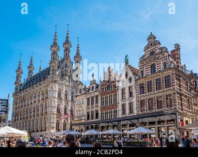 Leuven, Belgium. Circa August 2020. Cityscape of Leuven, Belgium with cityhall and beautiful historical buildings in Grote Markt in the old town . Stock Photo