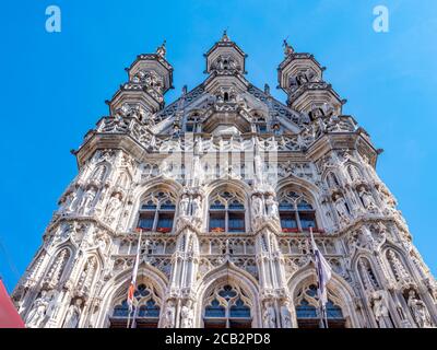 Detail of the gothic style of the cityhall building in the old town of Leuven, Belgium Stock Photo