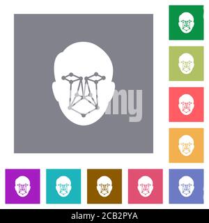 Face recognition flat icons on simple color square backgrounds Stock Vector