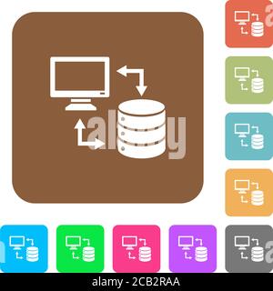 Syncronize data with database flat icons on rounded square vivid color backgrounds. Stock Vector