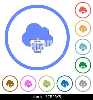 Cloud printing flat color vector icons with shadows in round outlines on white background Stock Vector