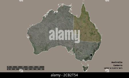 Desaturated shape of Australia with its capital, main regional division and the separated Queensland area. Labels. Satellite imagery. 3D rendering Stock Photo