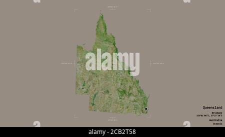 Area of Queensland, state of Australia, isolated on a solid background in a georeferenced bounding box. Labels. Satellite imagery. 3D rendering Stock Photo