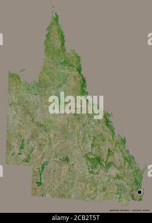 Shape of Queensland, state of Australia, with its capital isolated on a solid color background. Satellite imagery. 3D rendering Stock Photo