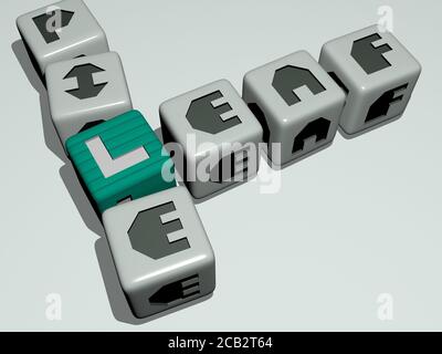 fall: LEAF PILE crossword by cubic dice letters. 3D illustration. background and green Stock Photo