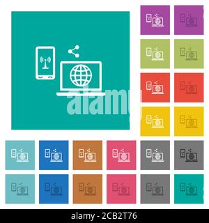 Share mobile internet multi colored flat icons on plain square backgrounds. Included white and darker icon variations for hover or active effects. Stock Vector