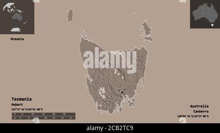 Shape of Tasmania, state of Australia, and its capital. Distance scale, previews and labels. Colored elevation map. 3D rendering Stock Photo