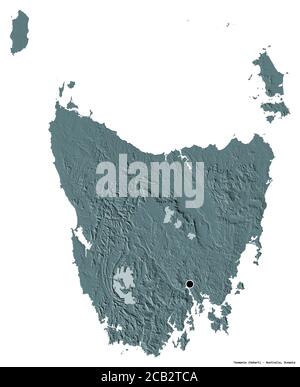 Shape of Tasmania, state of Australia, with its capital isolated on white background. Colored elevation map. 3D rendering Stock Photo