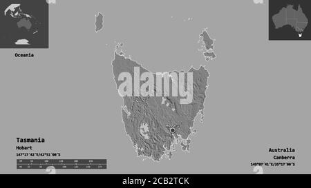 Shape of Tasmania, state of Australia, and its capital. Distance scale, previews and labels. Bilevel elevation map. 3D rendering Stock Photo