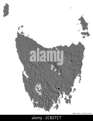 Shape of Tasmania, state of Australia, with its capital isolated on white background. Bilevel elevation map. 3D rendering Stock Photo