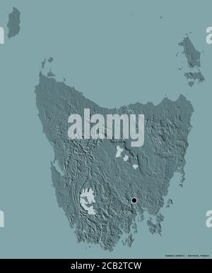 Shape of Tasmania, state of Australia, with its capital isolated on a solid color background. Colored elevation map. 3D rendering Stock Photo