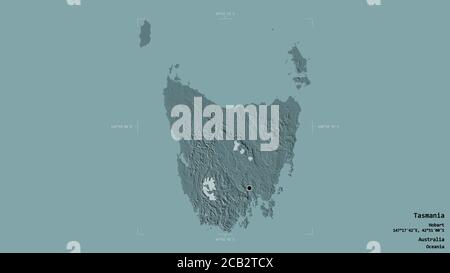 Area of Tasmania, state of Australia, isolated on a solid background in a georeferenced bounding box. Labels. Colored elevation map. 3D rendering Stock Photo