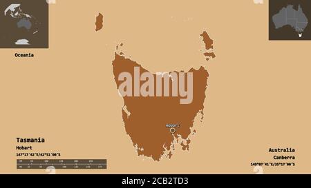 Shape of Tasmania, state of Australia, and its capital. Distance scale, previews and labels. Composition of patterned textures. 3D rendering Stock Photo