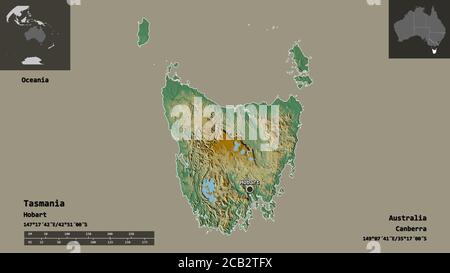 Shape of Tasmania, state of Australia, and its capital. Distance scale, previews and labels. Topographic relief map. 3D rendering Stock Photo