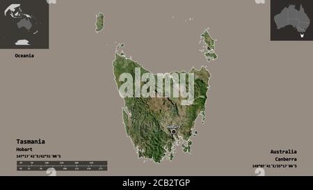 Shape of Tasmania, state of Australia, and its capital. Distance scale, previews and labels. Satellite imagery. 3D rendering Stock Photo