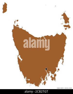 Shape of Tasmania, state of Australia, with its capital isolated on white background. Composition of patterned textures. 3D rendering Stock Photo