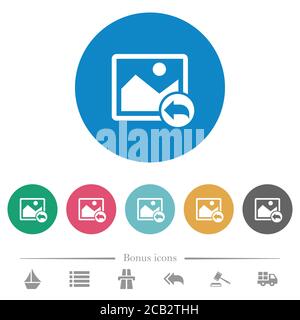 Undo image changes flat white icons on round color backgrounds. 6 bonus icons included. Stock Vector