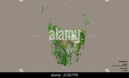 Area of Tasmania, state of Australia, isolated on a solid background in a georeferenced bounding box. Labels. Satellite imagery. 3D rendering Stock Photo