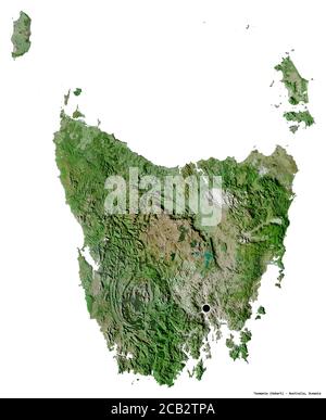 Shape of Tasmania, state of Australia, with its capital isolated on white background. Satellite imagery. 3D rendering Stock Photo