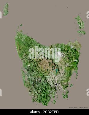 Shape of Tasmania, state of Australia, with its capital isolated on a solid color background. Satellite imagery. 3D rendering Stock Photo