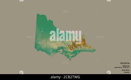 Area of Victoria, state of Australia, isolated on a solid background in a georeferenced bounding box. Labels. Topographic relief map. 3D rendering Stock Photo