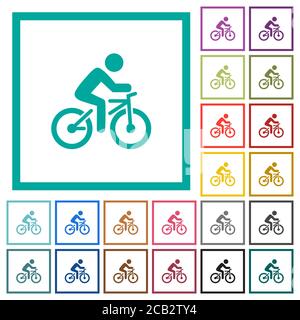Bicycle with rider flat color icons with quadrant frames on white background Stock Vector