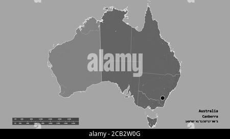 Desaturated shape of Australia with its capital, main regional division and the separated Western Australia area. Labels. Bilevel elevation map. 3D re Stock Photo