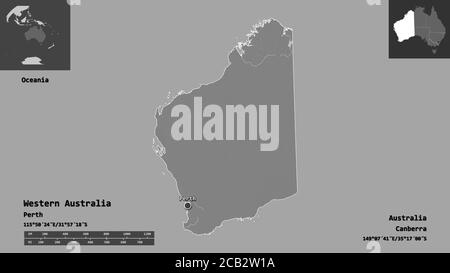 Shape of Western Australia, state of Australia, and its capital. Distance scale, previews and labels. Bilevel elevation map. 3D rendering Stock Photo