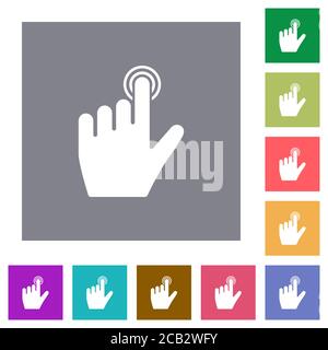 left handed clicking gesture flat icons on simple color square backgrounds Stock Vector