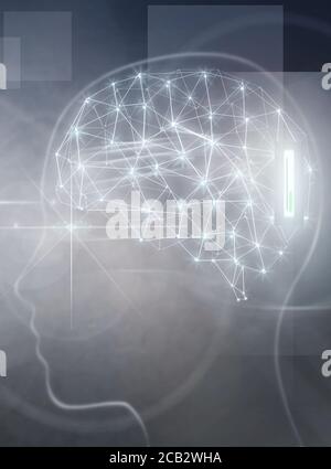Robot hand reaching towards digitalized brain with implant Stock Photo