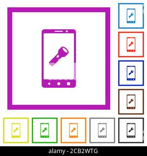 Mobile flashlight flat color icons in square frames on white background Stock Vector