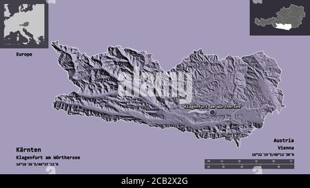 Karnten, state of Austria. Colored elevation map with lakes and rivers ...