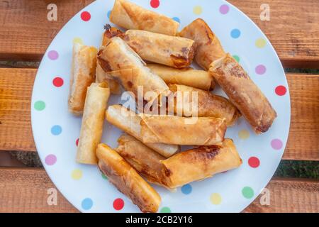 Spring rolls on a spotty plate. A crispy Asian appetizer with meat and vegetables rolled in pasty and fried Stock Photo
