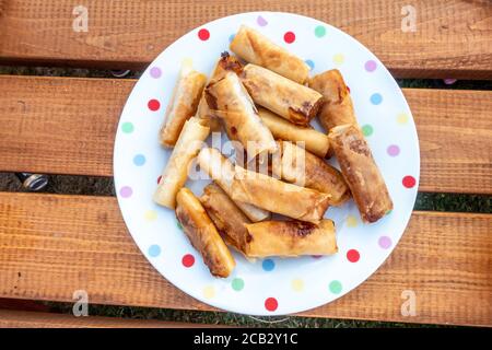 Spring rolls on a spotty plate. A crispy Asian appetizer with meat and vegetables rolled in pasty and fried Stock Photo