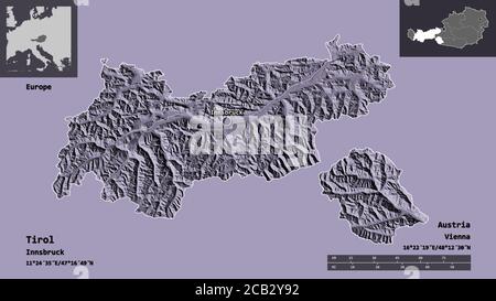 Shape of Tirol, state of Austria, and its capital. Distance scale, previews and labels. Colored elevation map. 3D rendering Stock Photo