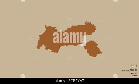 Area of Tirol, state of Austria, isolated on a solid background in a georeferenced bounding box. Labels. Composition of patterned textures. 3D renderi Stock Photo