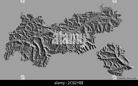 Shape of Tirol, state of Austria, with its capital isolated on a solid color background. Bilevel elevation map. 3D rendering Stock Photo