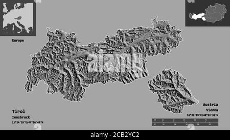 Shape of Tirol, state of Austria, and its capital. Distance scale, previews and labels. Bilevel elevation map. 3D rendering Stock Photo