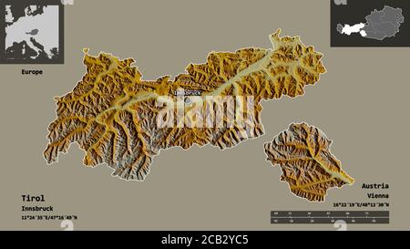 Shape of Tirol, state of Austria, and its capital. Distance scale, previews and labels. Topographic relief map. 3D rendering Stock Photo