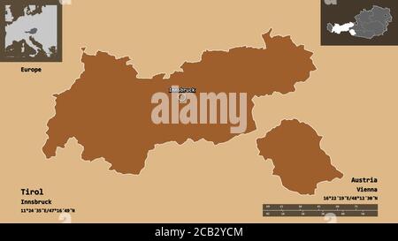 Shape of Tirol, state of Austria, and its capital. Distance scale, previews and labels. Composition of patterned textures. 3D rendering Stock Photo