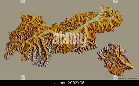 Shape of Tirol, state of Austria, with its capital isolated on a solid color background. Topographic relief map. 3D rendering Stock Photo