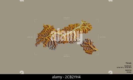 Area of Tirol, state of Austria, isolated on a solid background in a georeferenced bounding box. Labels. Topographic relief map. 3D rendering Stock Photo