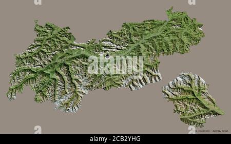 Shape of Tirol, state of Austria, with its capital isolated on a solid color background. Satellite imagery. 3D rendering Stock Photo