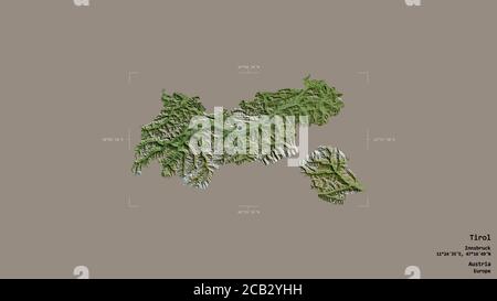 Area of Tirol, state of Austria, isolated on a solid background in a georeferenced bounding box. Labels. Satellite imagery. 3D rendering Stock Photo