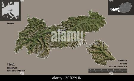 Shape of Tirol, state of Austria, and its capital. Distance scale, previews and labels. Satellite imagery. 3D rendering Stock Photo