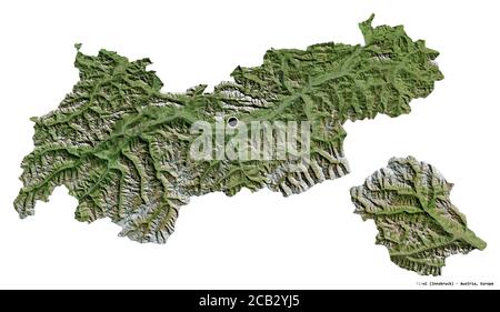 Shape of Tirol, state of Austria, with its capital isolated on white background. Satellite imagery. 3D rendering Stock Photo