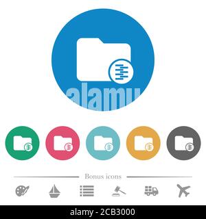 Compressed directory flat white icons on round color backgrounds. 6 bonus icons included. Stock Vector